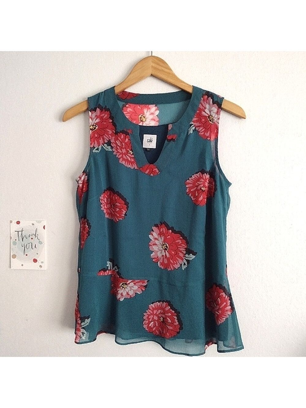 cabi short sleeve floral print top in bluegreen small